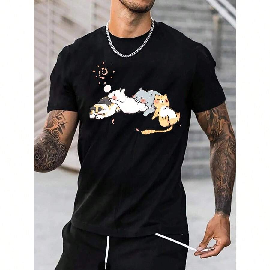 Camiseta de hombre 100% algodón suave transpirable cuello redondo manga corta estampado gatos dormidos casual regalo primavera verano otoño - Negro - Ver 1
