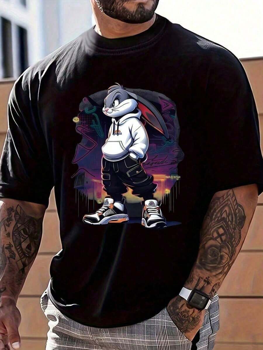 Camiseta casual diaria popular de manga corta, cuello redondo, estampado de conejo dominante de moda para hombres - Negro - Ver 1