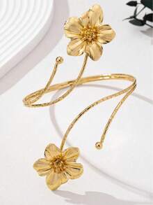 1pc European & Punk Style Exaggerated Alloy Metal Multi-Color Enamel Floral Bracelet - Gold - View 2