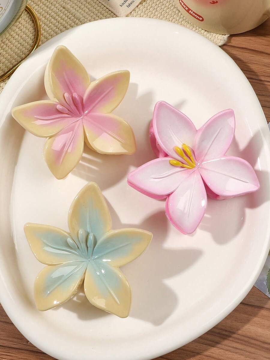 3件組黃粉白藍漸層花卉髮夾,後腦勺髮髻半紮高蓬髮夾,馬尾夾,韓系甜美活力少女風,清新溫柔可愛髮飾,適合旅行、度假、約會、購物、下午茶、海灘度假 - 彩色 - 查看 1