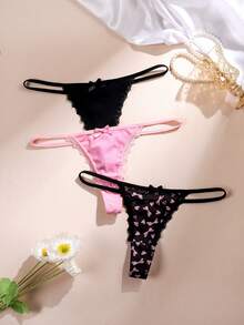 3pcs Printed/Solid Color Comfortable Lace Trim Women's Thong Panties - Multicolor - View 3