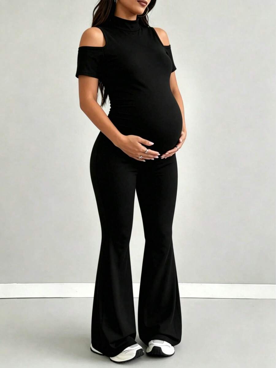 Mono de maternidad de unicolor con hombros descubiertos negro para verano - Negro - Ver 1