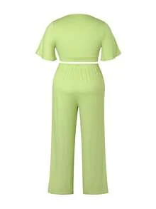 2pcs/Set Atasan Crop Lengan Ruffle Kasual Wanita Ukuran Plus dan Celana Panjang Lebar Elegan untuk Musim Panas - Hijau - View 4