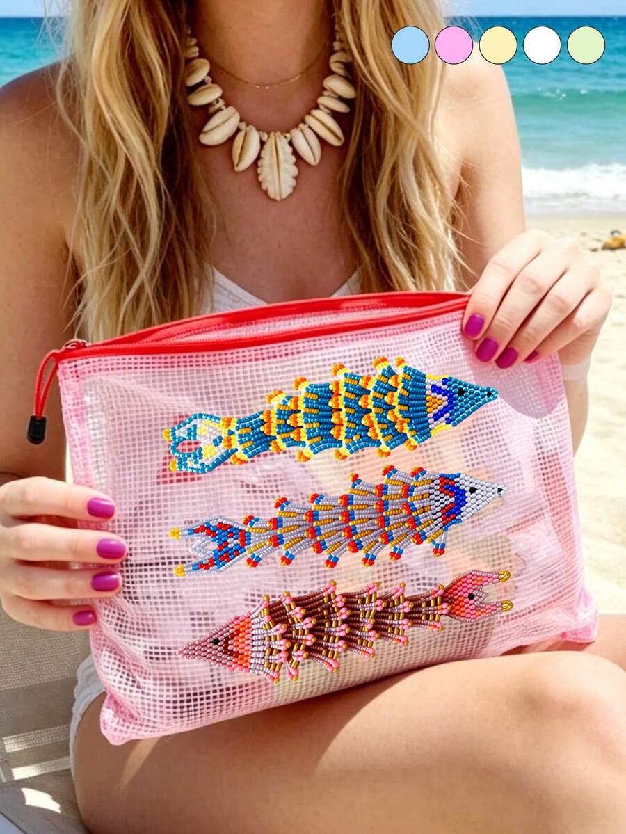 防水海灘化妝包，附珠飾魚類圖案，海洋主題大容量透明化妝袋，配尼龍拉鍊，便攜式旅行盥洗包，多功能收納袋，適合海灘度假必需品、口紅、護膚品、文具
