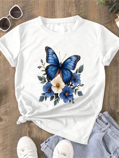 camisas de mujer, blusas hermosas, camisetas de dama |   Top de moda casual de verano con estampado floral de mariposas azules |   Diseño de inspiración natural, cuello redondo, mangas corta