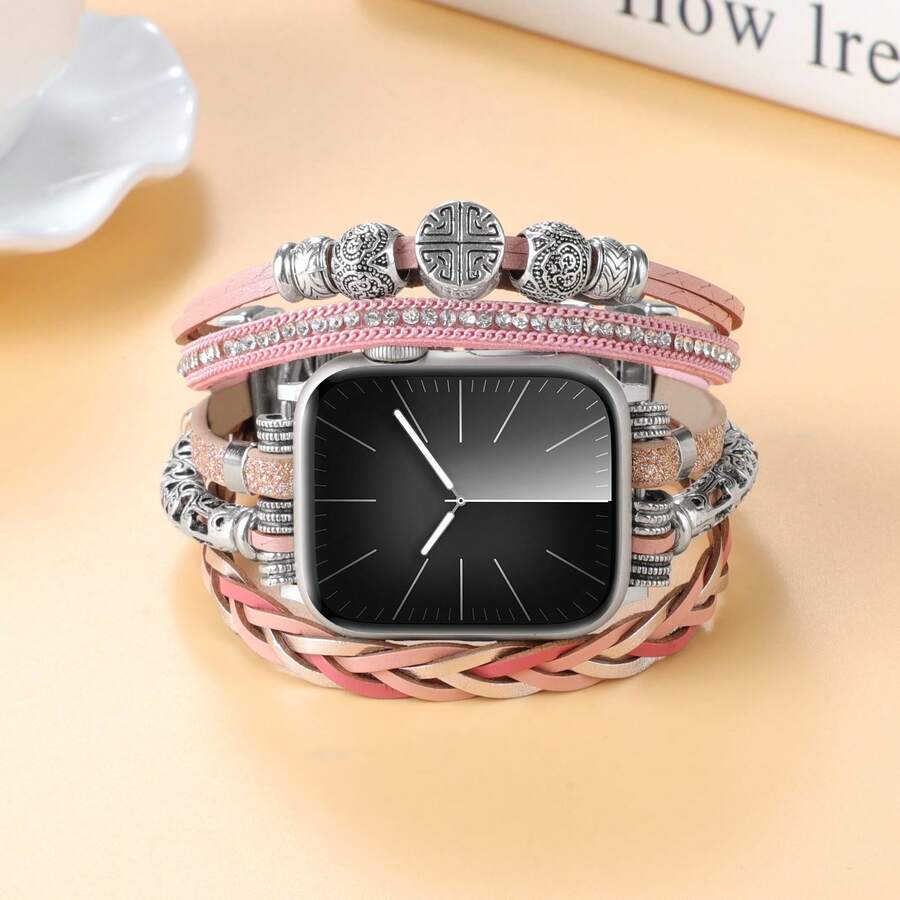 1件新款波希米亞風錶帶,相容 38/40/41/42/44/45/49mm Ultra/SE/8/7/6/5/4/3/2/1 - 銀粉 - 查看 1