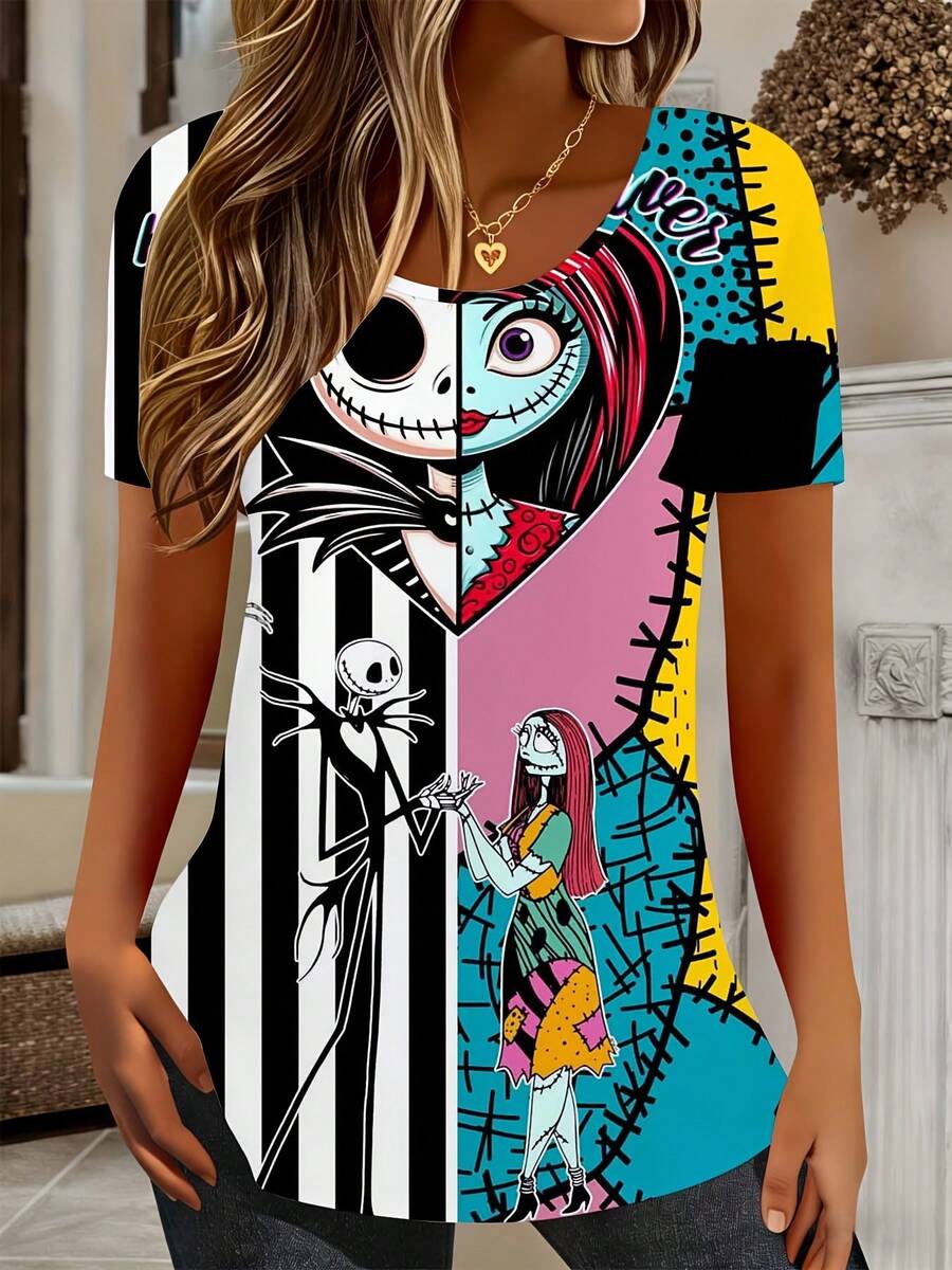 Disney, Jack Skellington And Sally Character Print, Round Neck Short Sleeve T-Shirt, Casual Wear For Women - Multicolor - View 1