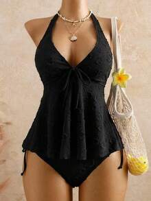 Women's Textured Halter Tankini Set, Two-Piece Swimsuit With Tie-Front Top & High Cut Bottoms - 米白色 - 查看 11