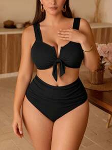Swim Chiccia One Size Solid Color Front Knot Bikini Set And Bikini Bottom For Summer Beach - Black - View 1