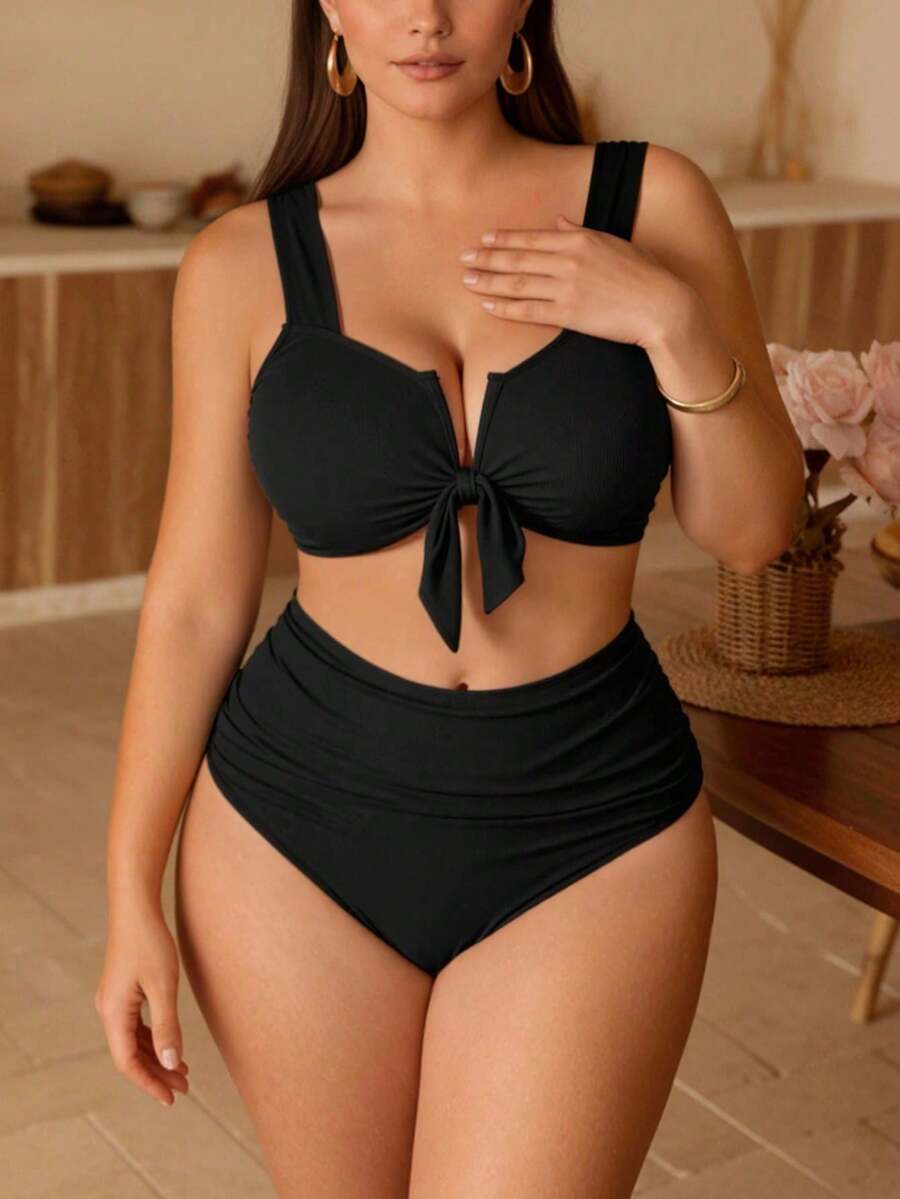 Swim Chiccia One Size Solid Color Front Knot Bikini Set And Bikini Bottom For Summer Beach - Black - View 1
