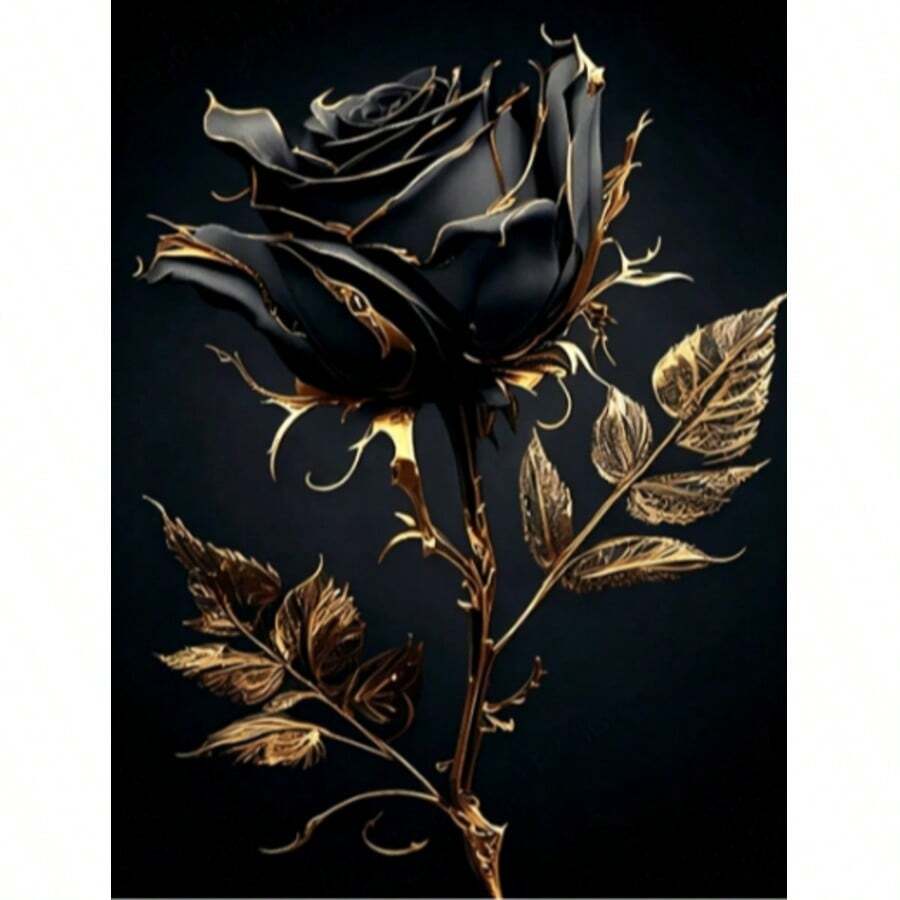 Pintura de diamantes redondos 5D sin marco, arte de pegatina DIY hecho a mano de rosa negra chapada en oro de lujo, decoración de pared colgante para dormitorio y entrada - diamante redondo - Ver 1