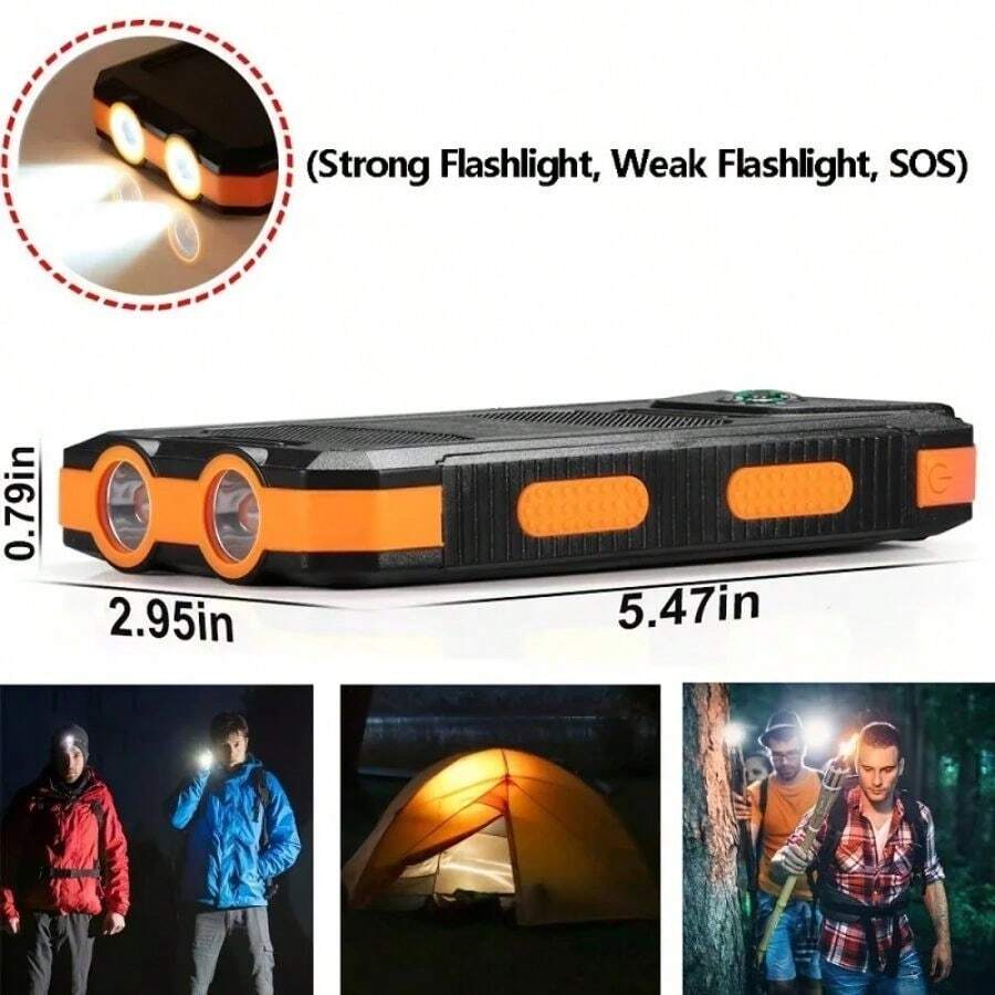 Banco de energía Solar, batería de repuesto de 20000mAh, gran capacidad, carga rápida, cargador portátil, brújula, energía de respaldo impermeable para exteriores - Naranja + 20000 mAh - Ver 1