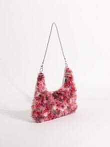 Bolso de hombro hobo de encaje amarillo-verde con diseño floral hueco y adornos de strass para mujer, adecuado para vacaciones (patrón floral distribuido aleatoriamente) - Rosa - Ver 4