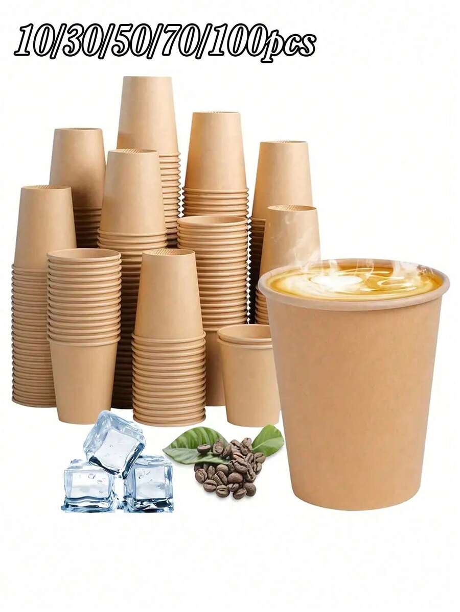 10/30/50/70/100pcs Restaurant Kraft Paper Cups - Disposable Hot & Cold Drink Cups - Suitable For Parties, Events And Small Businesses - Durable Tableware Supplies, Tea Cups, Home And Commercial Drinking Cups, Travel, Camping, Party Supplies - Multicolor - View 1