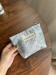 AGG Blue Wrinkled Fabric Women's Small Makeup Bag, Inner Pouch, Portable Travel Toiletry Bag, Handbag, Multi-Functional Skincare Storage Bag, Sanitary Pad Storage Bag, Gift For Mom/Girlfriend, Student Large Capacity High-End Pencil Case - Multicolor - View 3