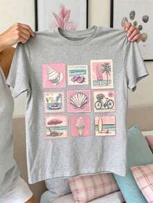 Summer New Style  T-Shirt With SleevesRetro Stamps, Seashell Ice Cream, Surfing Board. Printed Casual Plus-Size T-Shirt. A Gift For Friends, Parents. - Xám - Xem 1