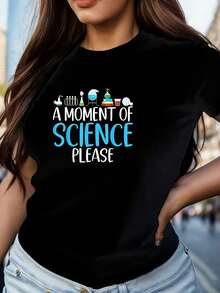 A Quarter Hour Of Science, Scientists Please, Women's Plus Size Short Sleeve T-Shirt, Novelty Crew Neck T-Shirt, Funny Casual Graphic Print T-Shirt - 黑色 - 查看 1