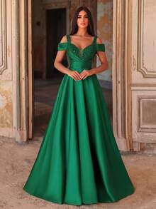 Elegant Formal Party Dress, Heart Neckline Off-Shoulder, Lace-Trimmed Bodice, Perfect For Gala Dinners, Wedding Receptions, Charity Balls - Dark Green - View 4