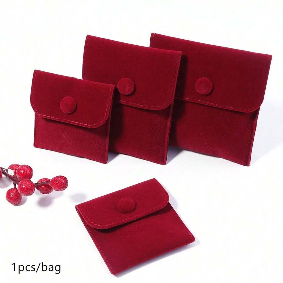 1 buah Kantong Penyimpanan Perhiasan Beludru Burgundy dengan Kancing Jepret, Cocok untuk Pernikahan, Dompet, Cincin, Anti-Oksidasi