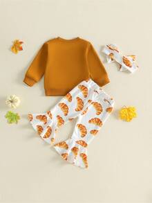 Girls Thanksgiving Bell Bottom Outfit Long Sleeve O Neck Pullover Croissants Print Flared Pants Headband Sets - Coffee Brown - View 7