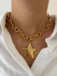 1 pieza Collar con colgante de pentagrama geométrico de acero inoxidable chapado en oro de 18K, estilo punk exagerado - Dorado - Ver 1