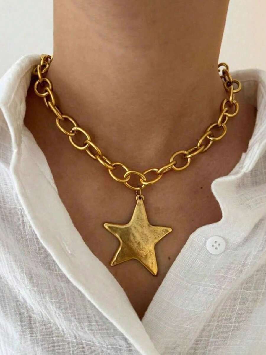 1 pieza Collar con colgante de pentagrama geométrico de acero inoxidable chapado en oro de 18K, estilo punk exagerado - Dorado - Ver 1
