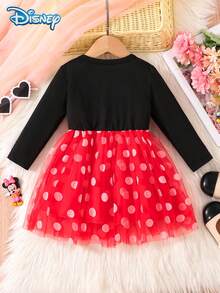 Disney Minnie Mouse Spring/Autumn Casual Dress For Baby Girls, Cute Cartoon Minnie Print Tulle Long Sleeve Dress, Versatile Daily Wear, Soft Skin-Friendly Fabric, Fashionable Playful Lady Style Baby Girl Clothing, Perfect Holiday Gift - Black - View 2