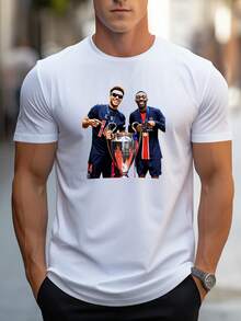 Camiseta Hombre Manga Corta Algodón Puro Estampado de Jugadores de Fútbol con Trofeo - Casual Deportiva Verano - Blanco - Ver 6