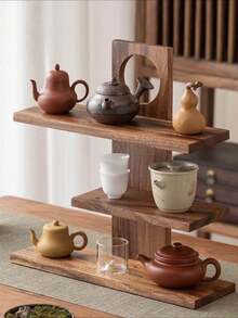 1pc-Walnut Wood Multifunctional Desktop Storage Vertical Shelf, Tea Set Storage Shelf, Vintage Solid Wood Makeup Organizer, Multi-Layer Display Rack, Vanity Perfume And Skincare Storage Shelf, Multifunctional Storage Rack, Wooden Jewelry And Accessories Display Tray, Beauty Display Tray, Suitable For Living Room, Shoe Cabinet, Entryway - Multicolor - View 8