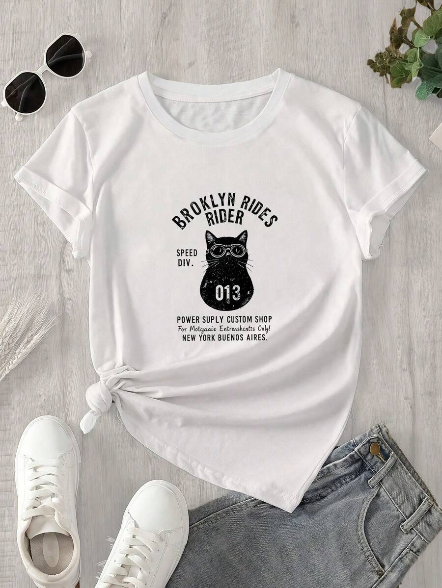 Camiseta estampada para mujer, 1 unidad, manga corta, primavera/verano, el regalo perfecto para las fiestas. - Blanco - Ver 1