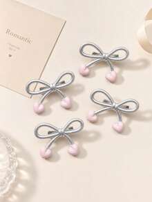 2 piezas Clips de cabello para niñas con lazo plateado y corazón rosa, lindos para flequillo lateral, adecuados para peinado diario - Multicolor - Ver 2