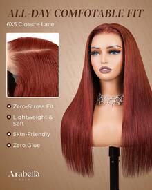 ARABELLA 33# Brun rougeâtre 6x5 Perruque frontale en dentelle sans colle Cheveux raides 100% cheveux humains Dentelle transparente Nœuds minuscules pré-blanchis Dentelle pré-découpée Densité 180% Raie libre Pour le port quotidien des femmes - S33 - Voir 8