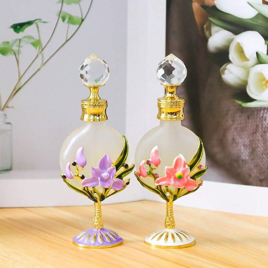 1個 10ML 玻璃扁瓶 粉色蘭花香水瓶,桌面裝飾飾品,梳妝台裝飾,耐用且便攜,可重複填充使用容器,家居裝飾梳妝台飾品,女性女孩節日禮物,日常與旅行必備配件,女性個人護理配件(空瓶,不含香水) - 查看 1