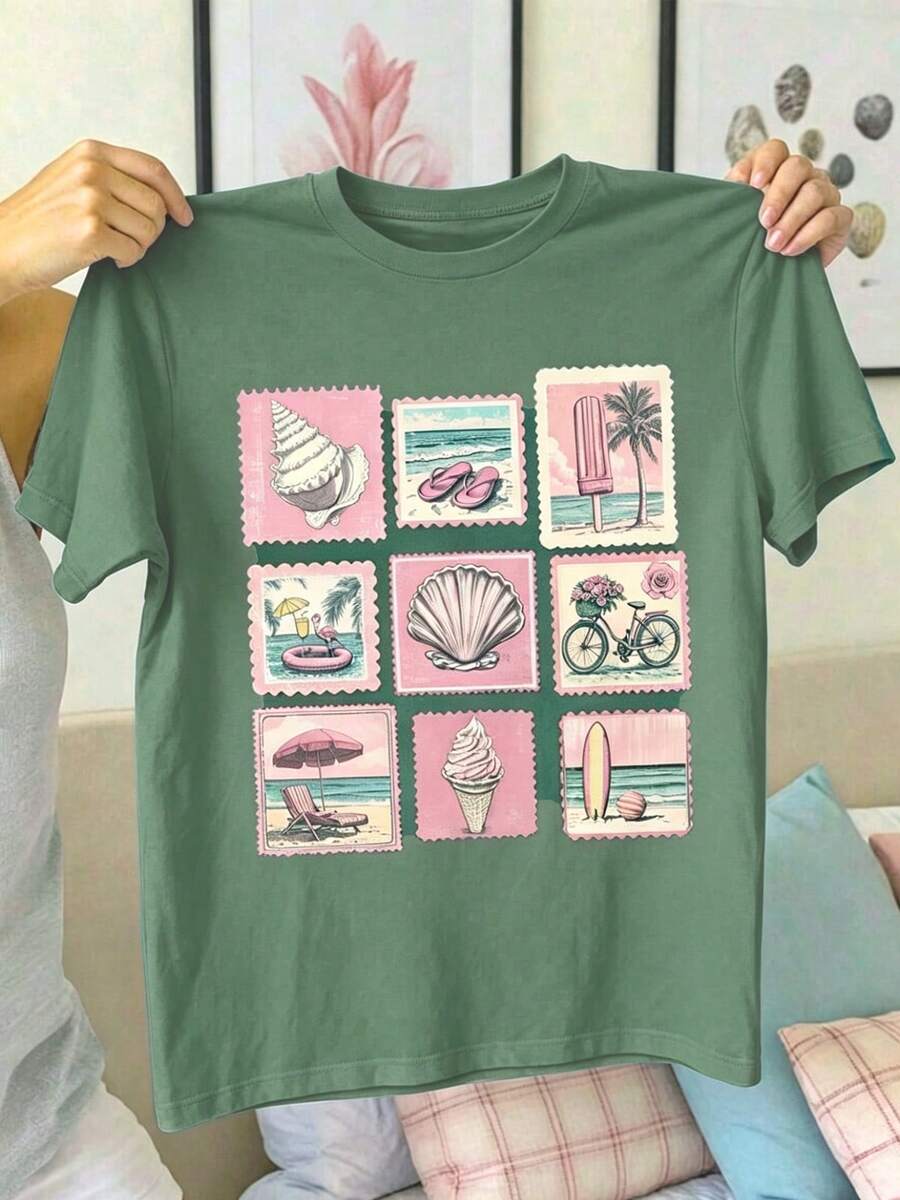 Summer New Style  T-Shirt With SleevesRetro Stamps, Seashell Ice Cream, Surfing Board. Printed Casual Plus-Size T-Shirt. A Gift For Friends, Parents. - 綠色 - 查看 1