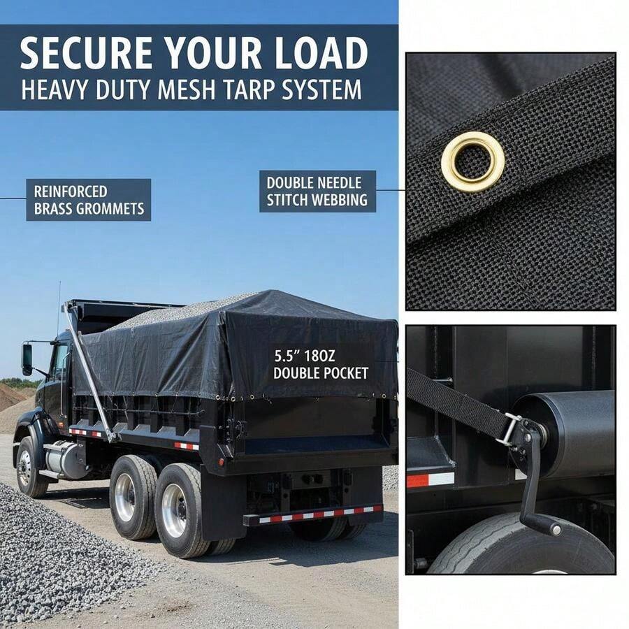 [Free Shipping] PVC Coated Netting Cover 7 X 18 Ft For Debris Hauling Waste Transport Gravel Delivery, 5.5 Inch 18oz Double Pocket Brass Grommets Reinforced Double Needle Stitch Webbing Manual Electric Dump Truck System Accessory-XY321179 - Default0 - View 1