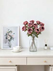 1 pièce Fleur de rose artificielle, convient pour le printemps, l'été, le mariage, la décoration de la maison, les fournitures de cuisine, le restaurant, la décoration de la chambre, la décoration de la chambre à coucher, les fournitures de salle de bain, les fournitures de fête de vacances et d'anniversaire, la décoration de jardin extérieur, cadeau de la Saint-Valentin - Rouge rose foncé - Voir 7