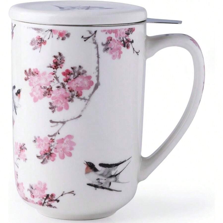 - Taza de t de porcelana con infusor y tapas, colador de taza de caf de 18 onzas con soporte para bolsa para t de hojas sueltas, taza de caf para inauguracin de la casa, regalo de - Rosado - Ver 1