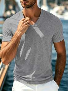 Men's Casual Versatile Solid Color Short Sleeve V-Neck T-Shirt - Light Grey - View 2