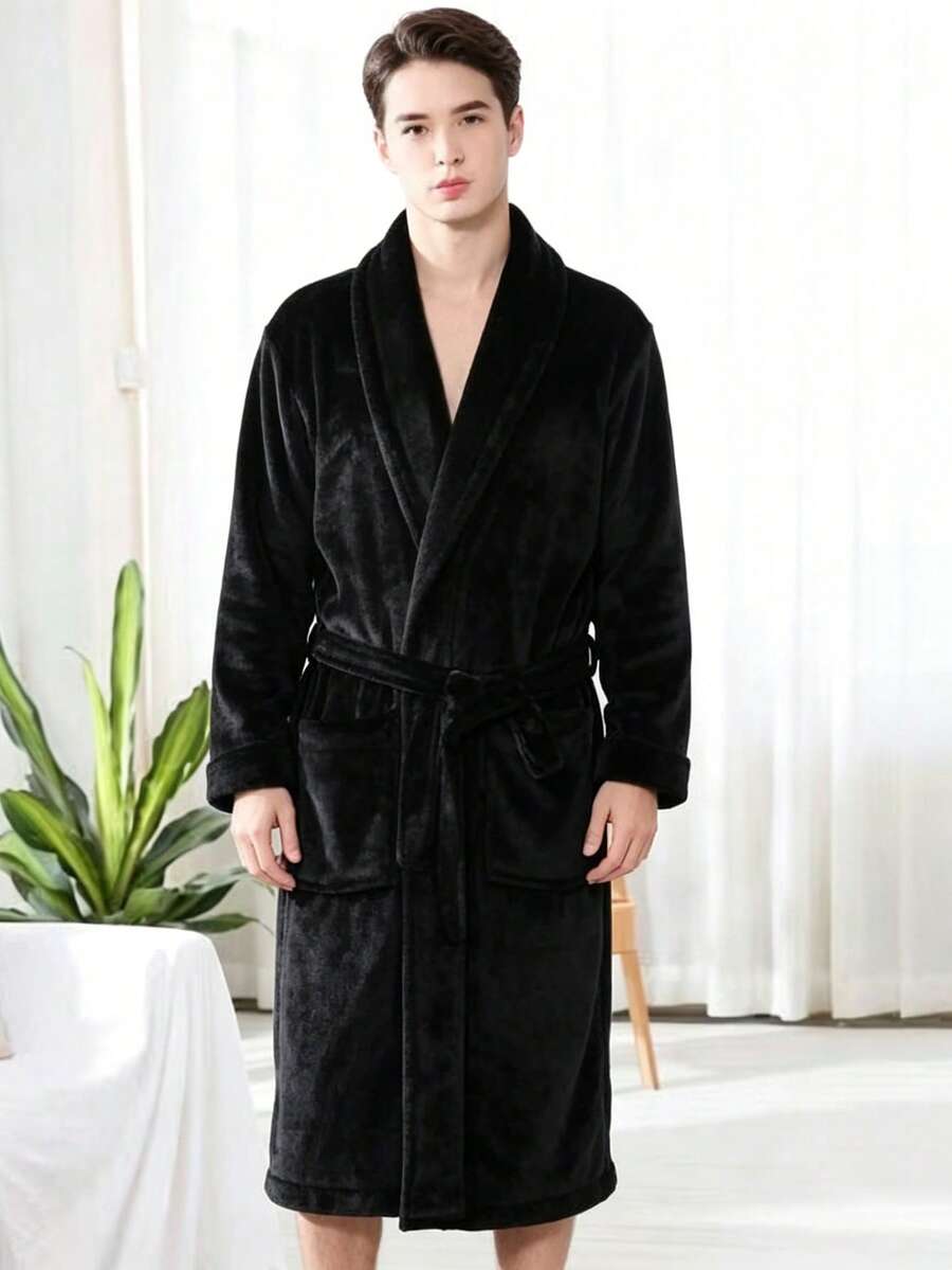 男士連帽刷毛浴袍,厚實粗針織保暖家居長袍,柔軟毛絨居家服附腰帶,秋冬款 - 黑色 - 查看 1