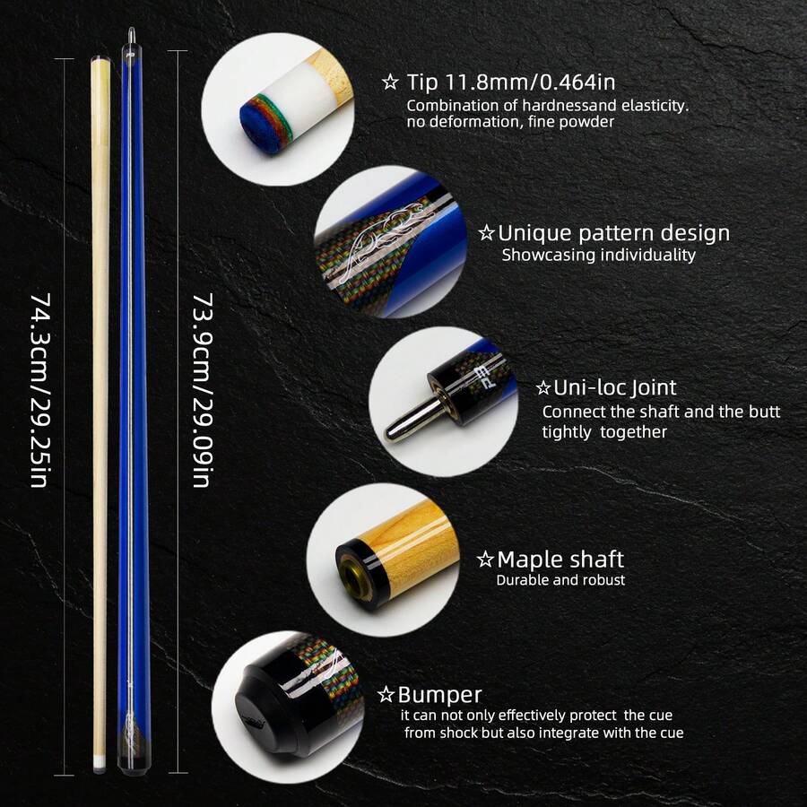 1/2 Split Maple Pool Cue, 11.8mm Tip Leopard Pattern Billiard Cue Stick 19-21oz - Blue - View 1