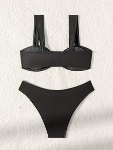 New 2026 Model: New Two-Piece Bikini With Metallic Accessory And Solid Color For Women, Beach Swimsuit With Opening - Dark Green - View 11
