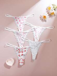 5pcs Printed/Solid Color Comfortable Lace Patchwork Women's Thong Panties - White - View 3