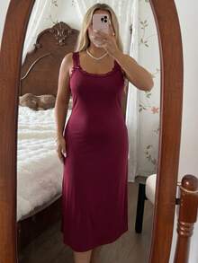 Spring/Summer Plus Size Women's Mid-Length Lace Trim Bow Red Spaghetti Strap Nightgown, Wide Strap, Lightweight And Soft - Red - View 5
