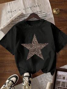 Women's Short-Sleeved T-Shirt With Round Neck, Printed With Leopard And Star Pattern - 黑色 - 查看 1