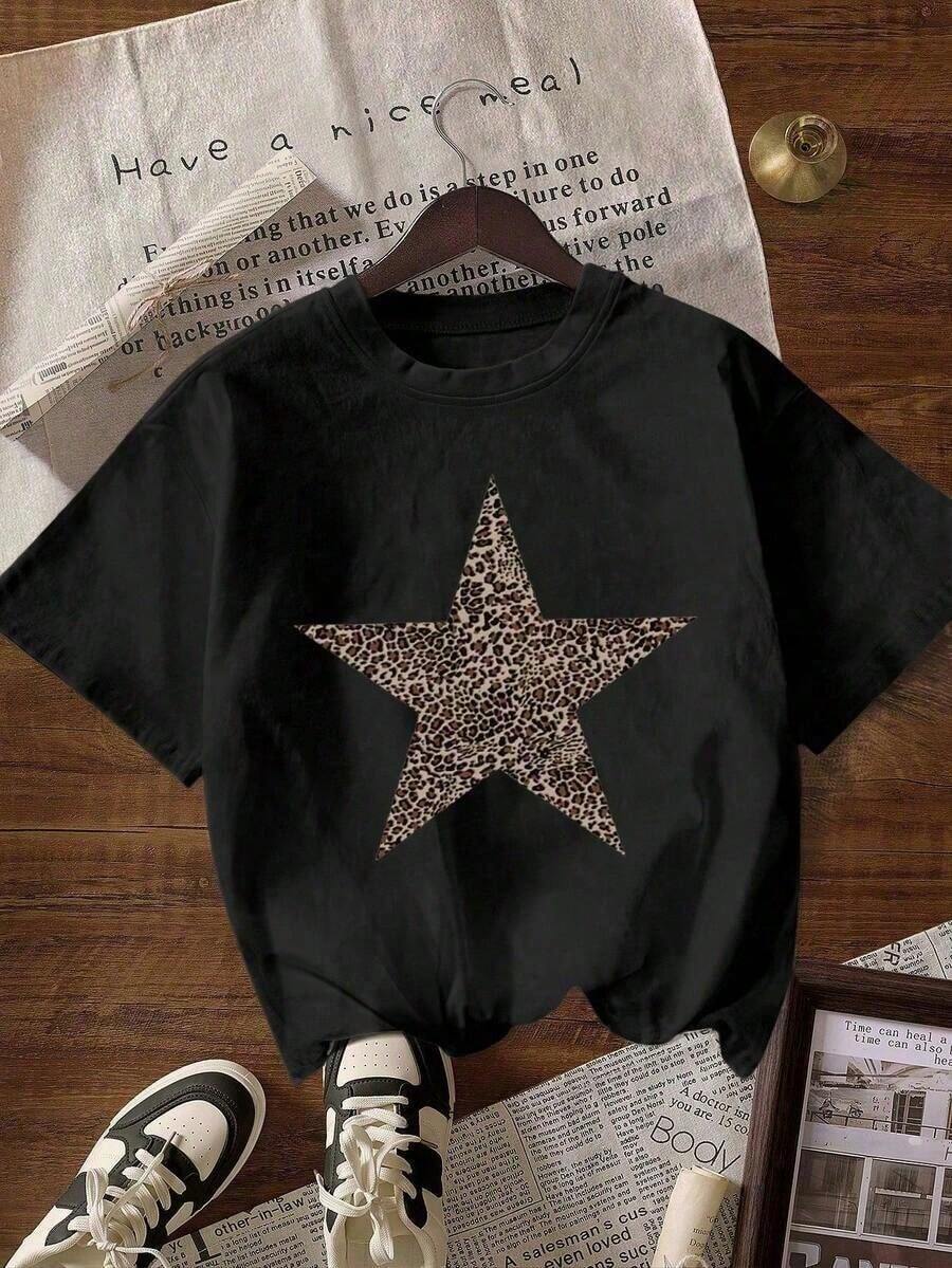 Women's Short-Sleeved T-Shirt With Round Neck, Printed With Leopard And Star Pattern - 黑色 - 查看 1