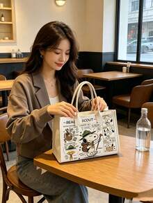 Tas Bekal Kanvas Kapasitas Besar, Tas Bahu Sederhana dan Modis untuk Perjalanan, Cocok untuk Pekerja Kantoran, Gaya Kartun Snoopy - A - View 4