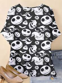 Disney, Jack Skellington And Ghosts Print, Round Neck Short Sleeve T-Shirt, For Halloween Party And Casual Wear - Multicolor - View 4