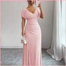Women's Light Purple V-Neck Ruffle Sleeve Pleated Waist Split Dress, Elegant Bridesmaid Dress, Party Gown, Spring/Summer - Rosa - Ver 1