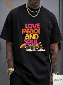 para Hombre - Estilo Urbano a la Moda, Nuevo Look Retro, Primavera/Verano, Reuniones Familiares y Estética Y2K, Camiseta con Estampado de Altavoz Portátil Retro Love and Peace, TALLA GRANDE - Negro - Ver 1