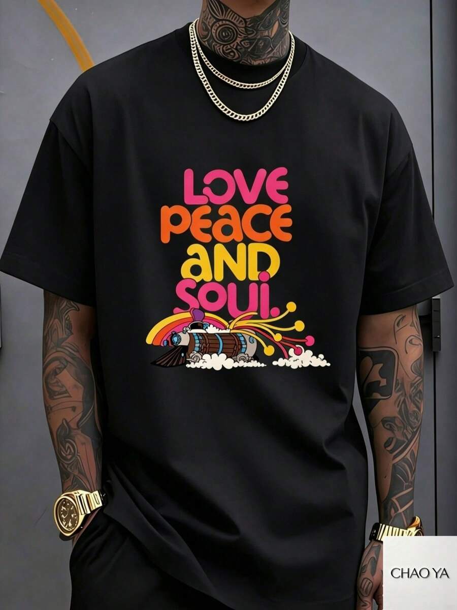 para Hombre - Estilo Urbano a la Moda, Nuevo Look Retro, Primavera/Verano, Reuniones Familiares y Estética Y2K, Camiseta con Estampado de Altavoz Portátil Retro Love and Peace, TALLA GRANDE - Negro - Ver 1